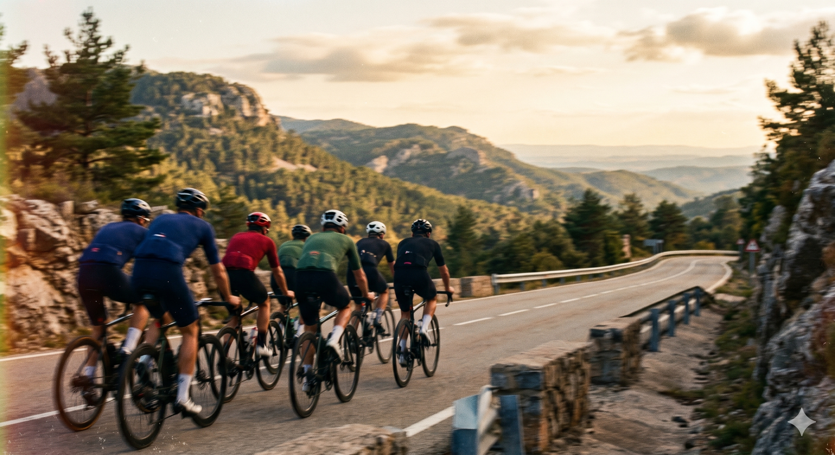 Cycling crew on the road testing gear