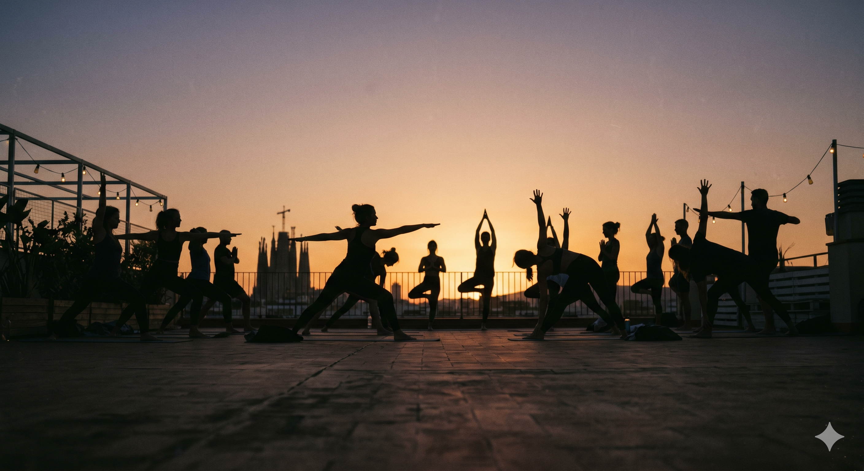 Yoga class at sunset on a rooftop