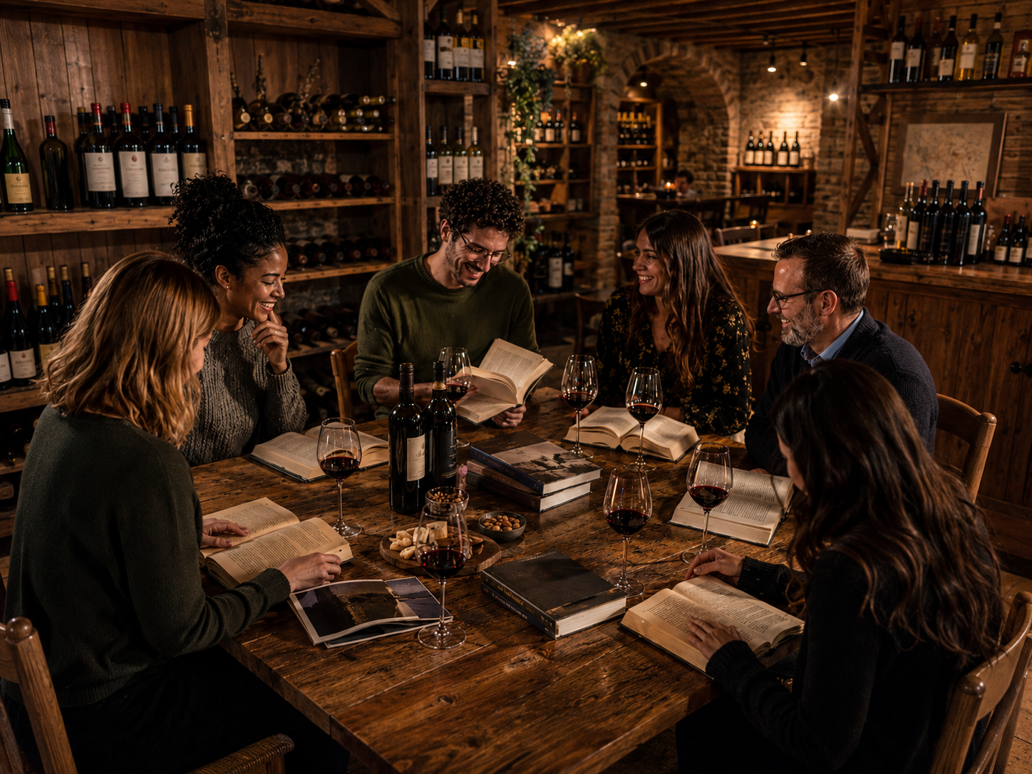Book club gathered around a table reading with wine in a cellar